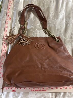 Women’s Brown Leather Tote Bag with Tassel and Chain Handles